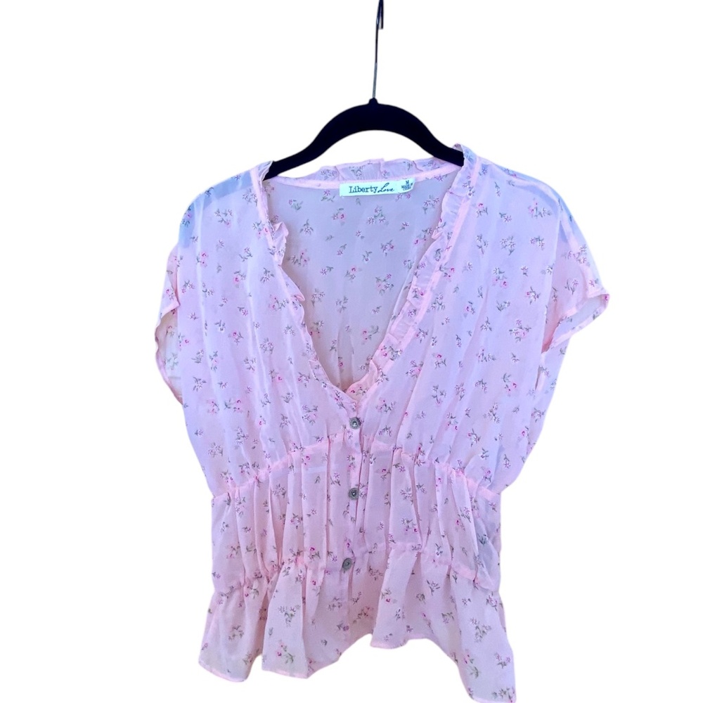 NWT Liberty Love Y2K Style M Sheer Pink Floral Ruffle Blouse Top Short Sleeves
